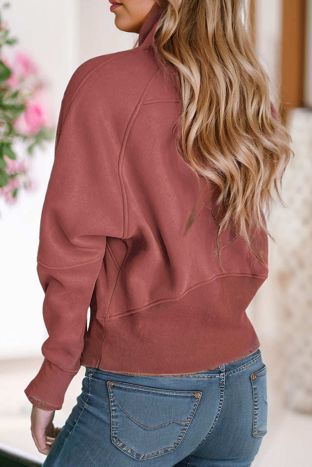 Collar Ribbed Thumbhole Sleeve Pullover