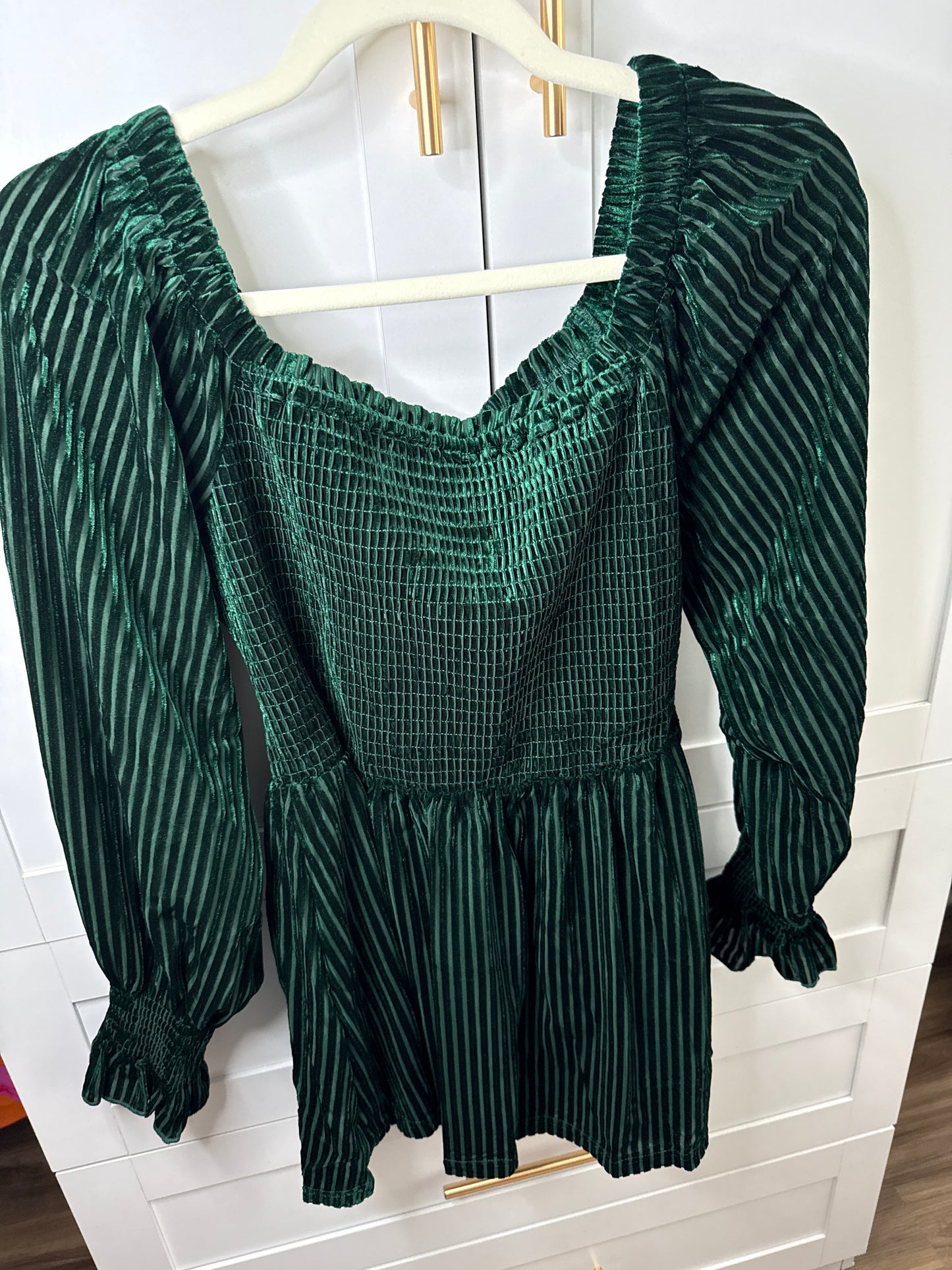 Green Smocked Long Sleeve Blouse