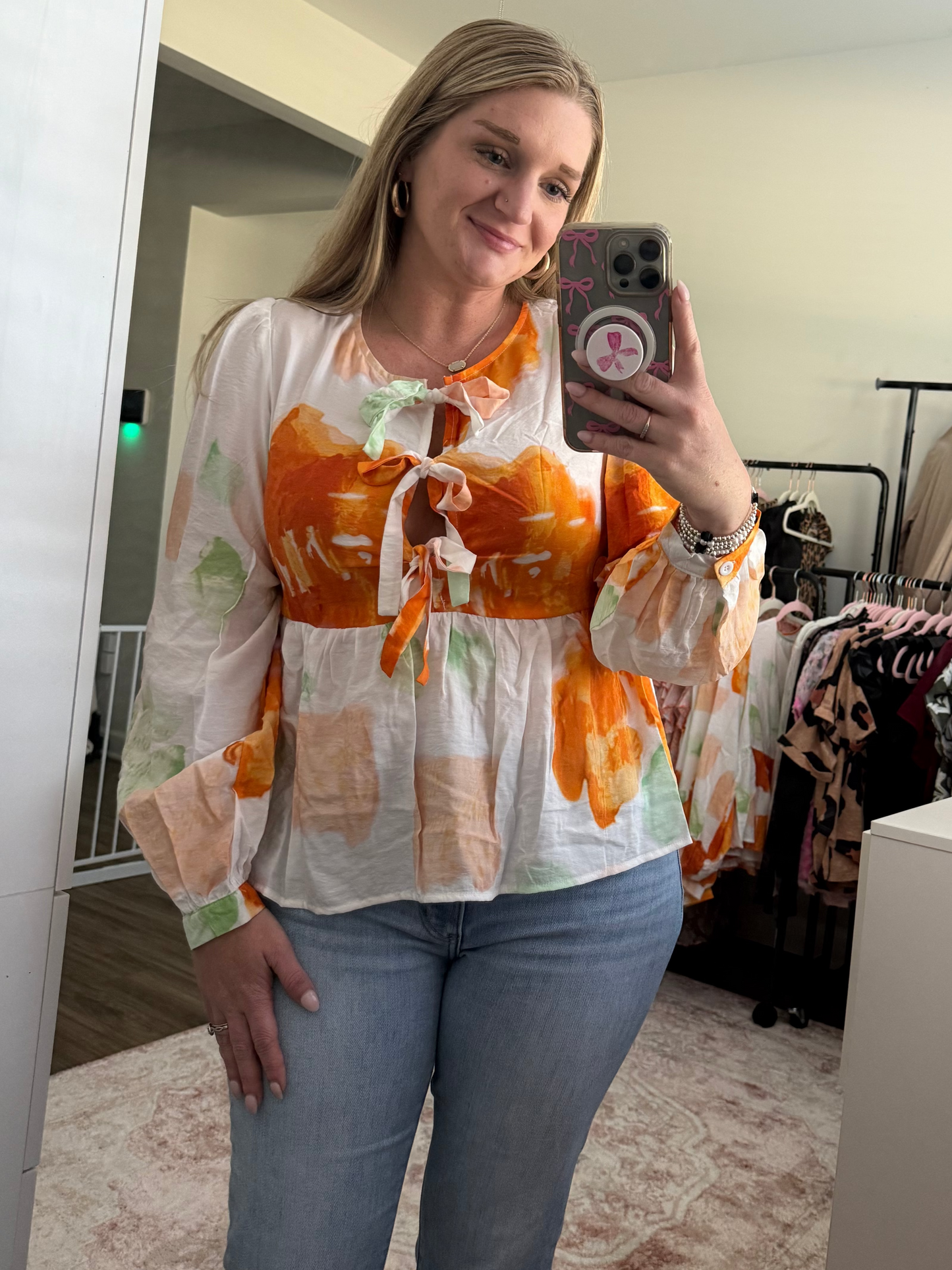 Orange and Green Abstract Bubble Sleeve Bow Front Top