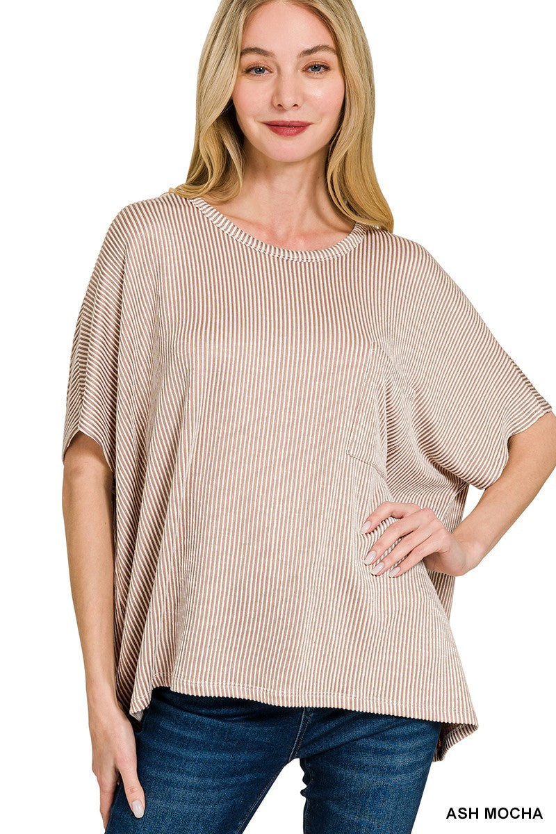Ash Mocha Corded Rib Oversized Short Sleeve Top
