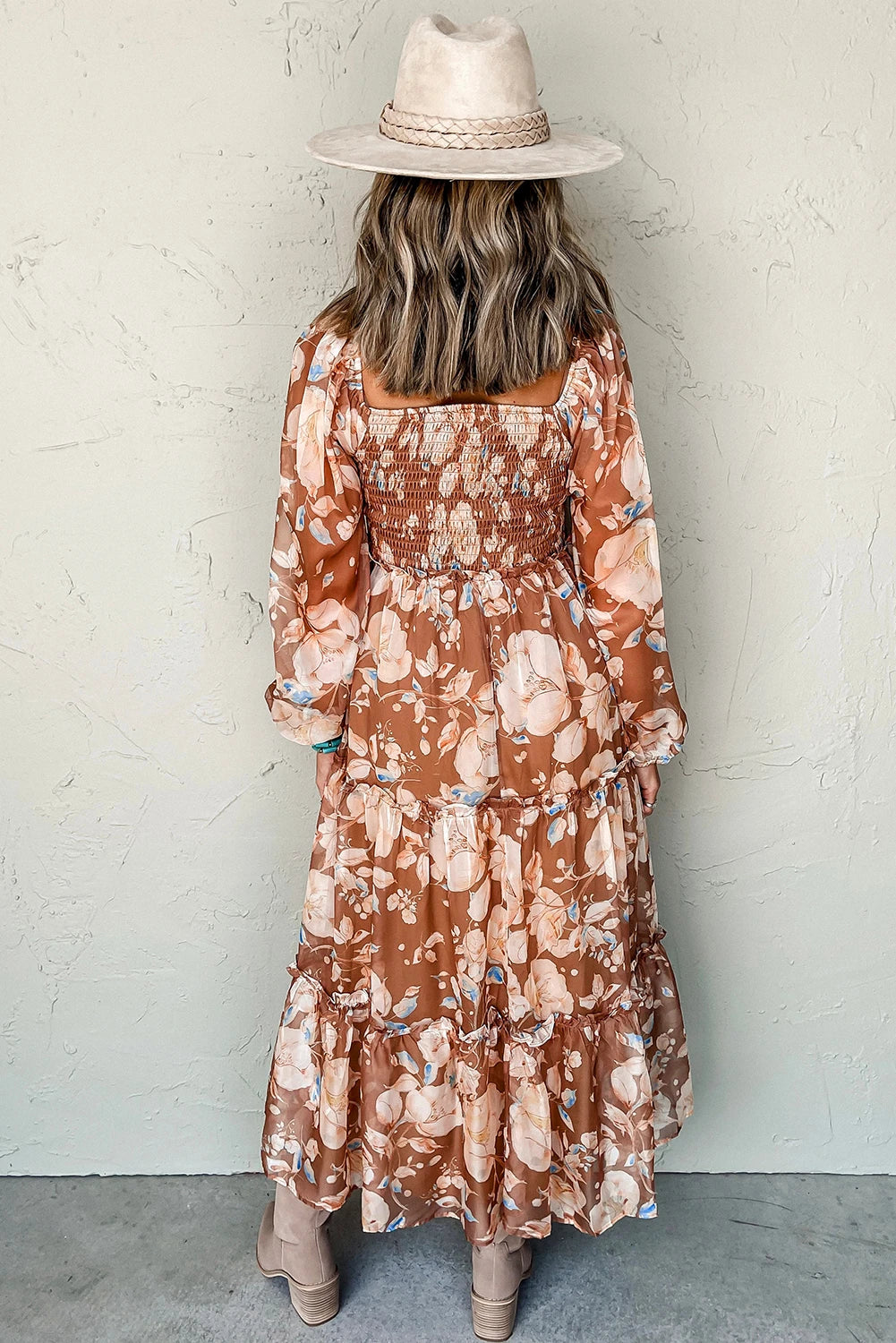 Brown Floral Shirred Square Neck High Waist Maxi Dress