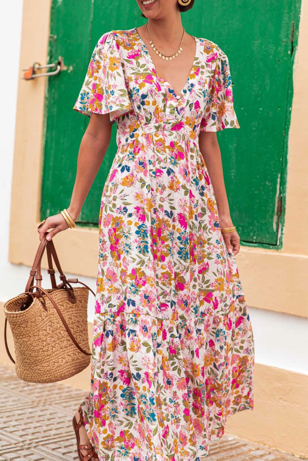 Fushia Floral Short Sleeve V Neck High Waist Maxi Dress