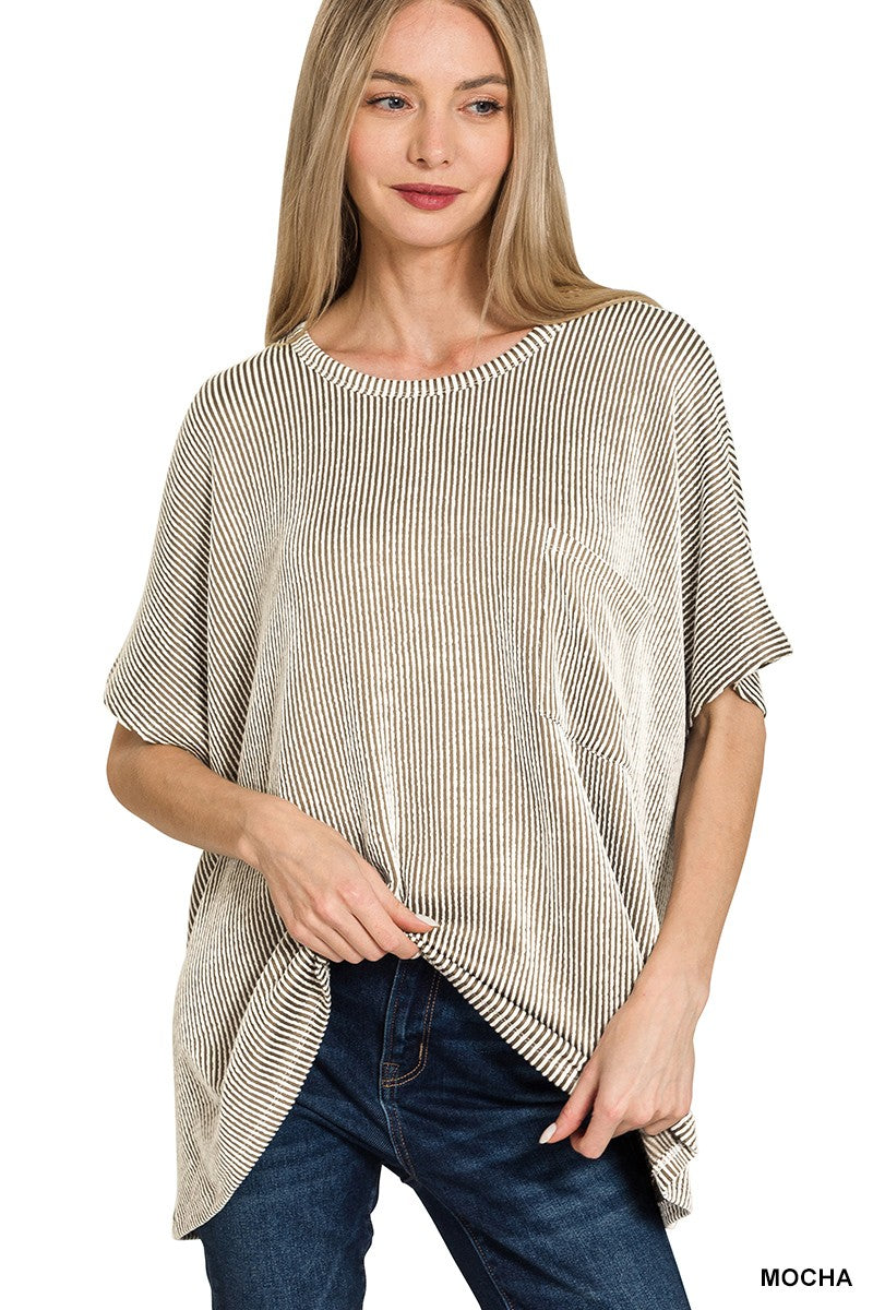 Mocha Corded Rib Oversized Short Sleeve Top