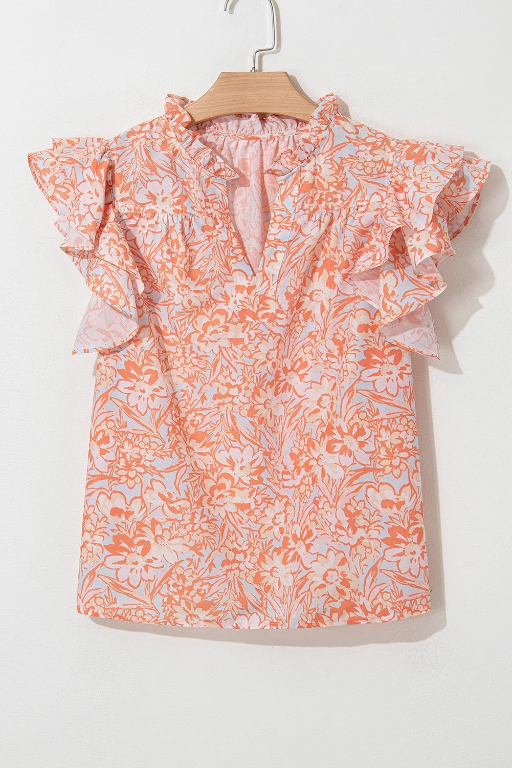 Orange and Light Blue Floral Ruffle Sleeve Split Neck Blouse