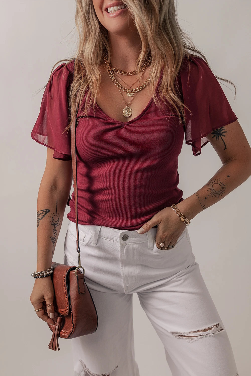 Wine Red Dahlia Mesh Ruffled Sleeve Slim Fit V Neck Top