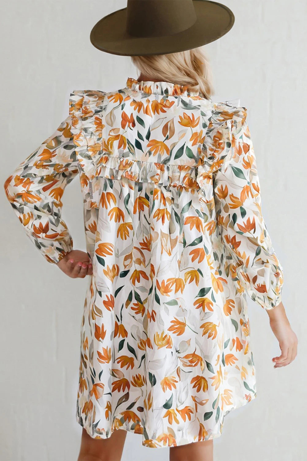 Yellow Floral Print Tie Neck Frill Long Sleeve Mini Dress