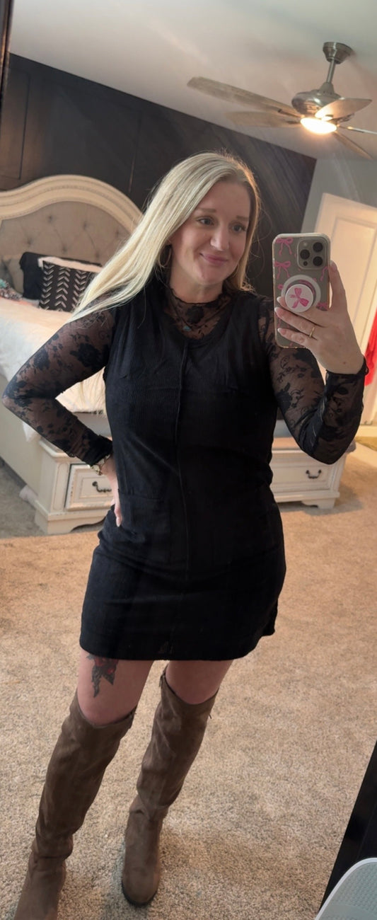 Black Corduroy Sleeveless Mini Dress