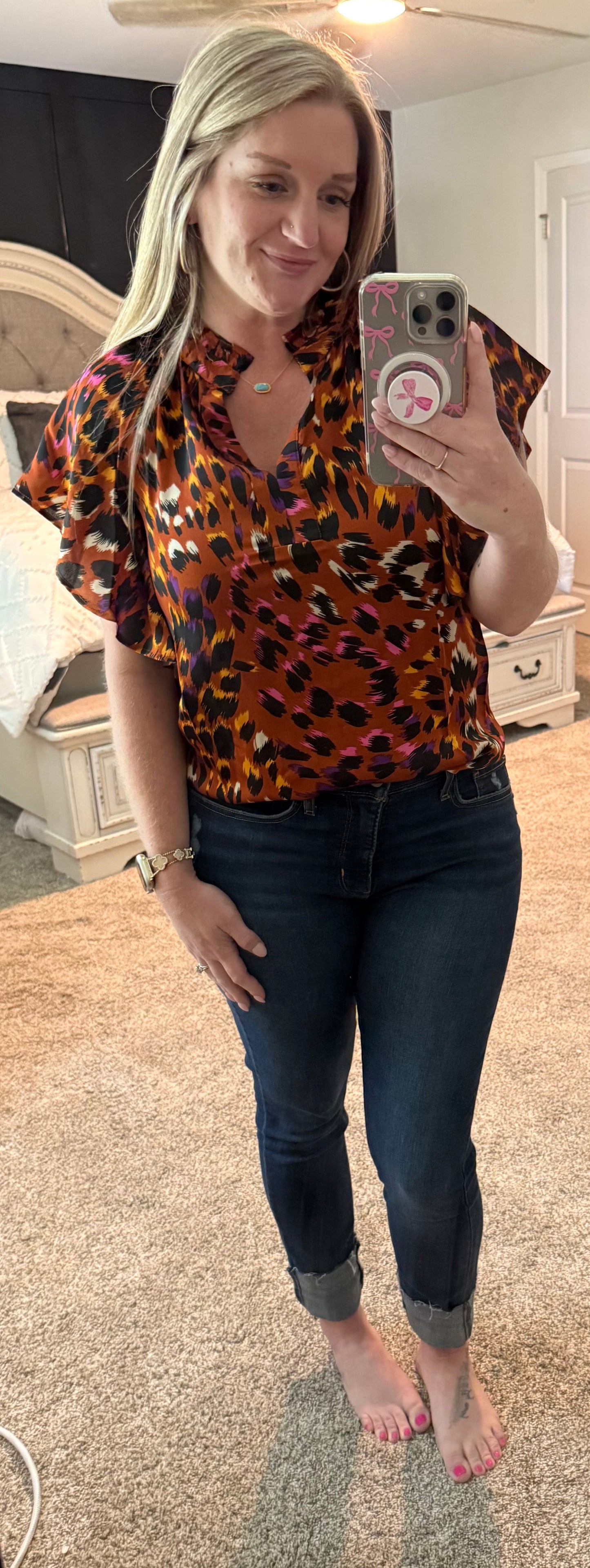 Orange Cheetah Short Sleeve Slit V Neck Blouse