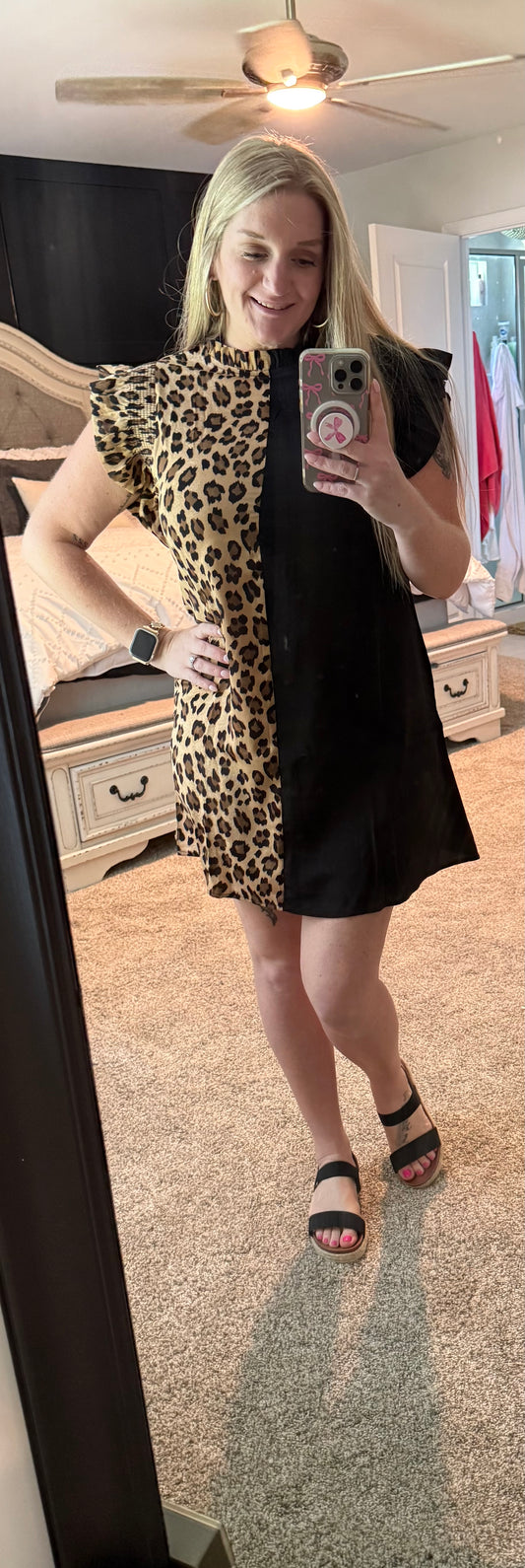 Black Cheetah Patchwork Ruffled Sleeve Short Shift Dress