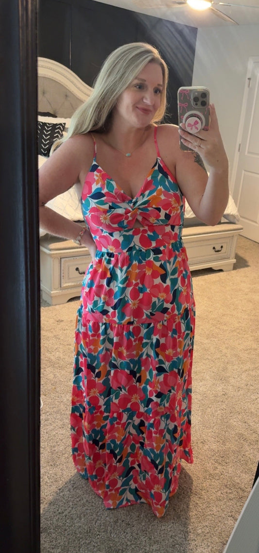 Rose Floral V Neck Tiered Cami Maxi Dress
