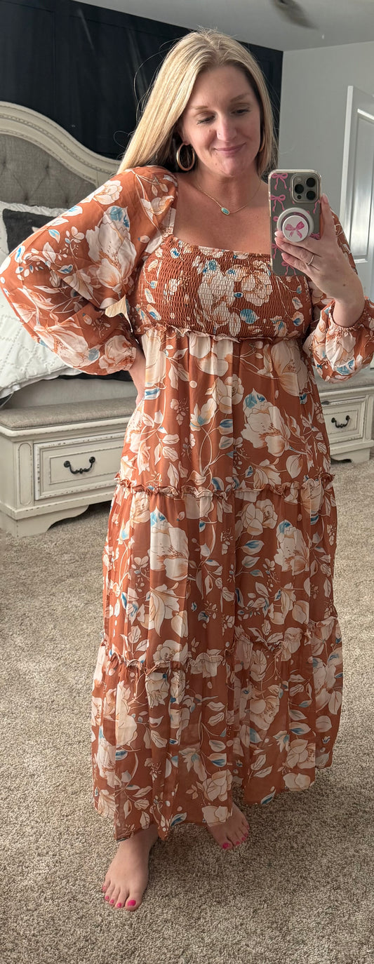 Brown Floral Shirred Square Neck High Waist Maxi Dress