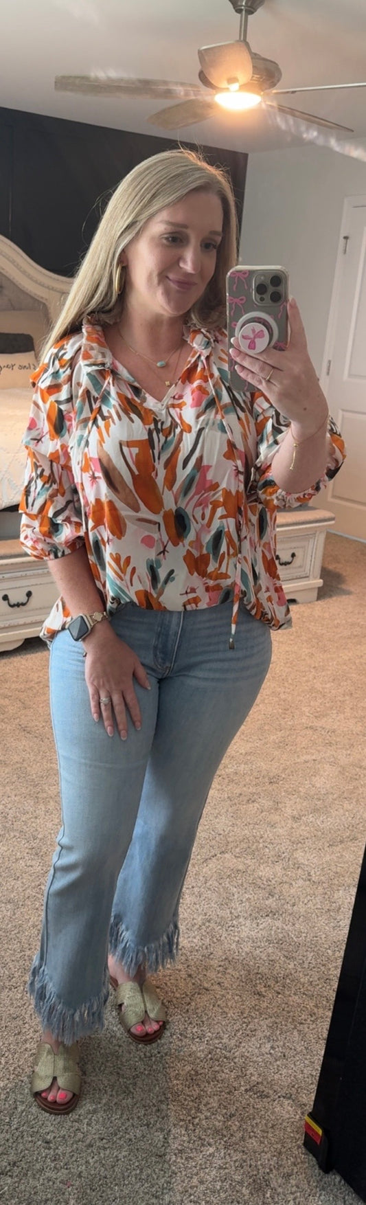 Abstract Print Drawstring Frilled V Neck 3/4 Sleeve Blouse