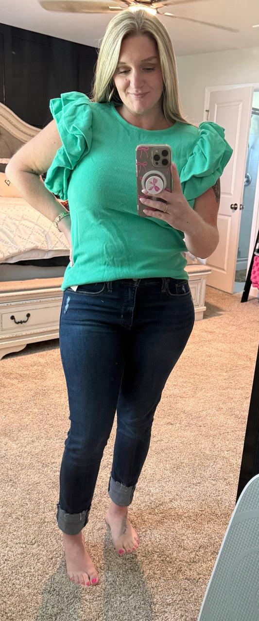 Green Ruffle Sleeve Ribbed Blouse