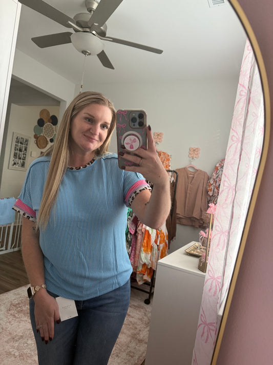 Blue and Pink Ribbed Cheetah Top
