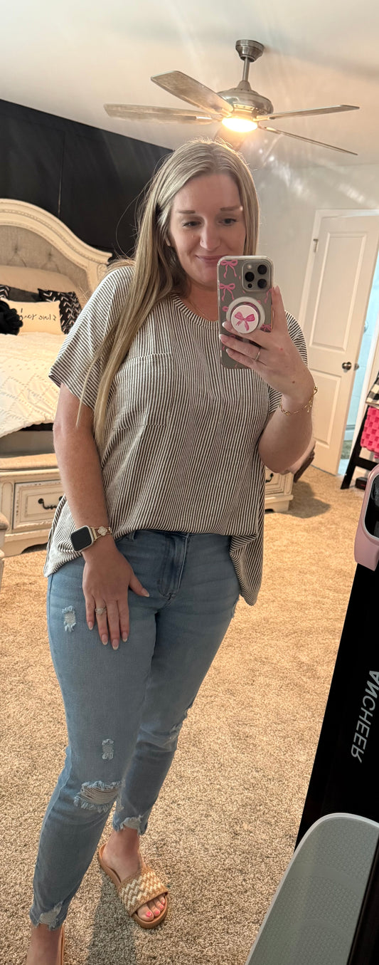 Sand Beige Corded Rib Oversized Short Sleeve Top