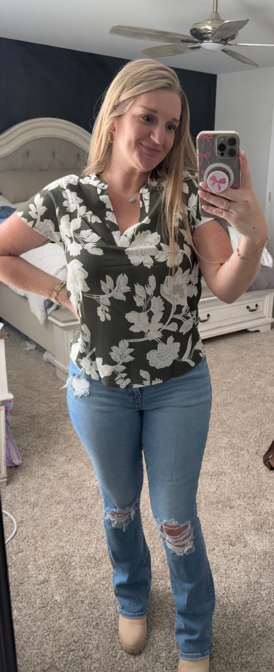 Green Floral Print Split Neck Short Sleeve Blouse