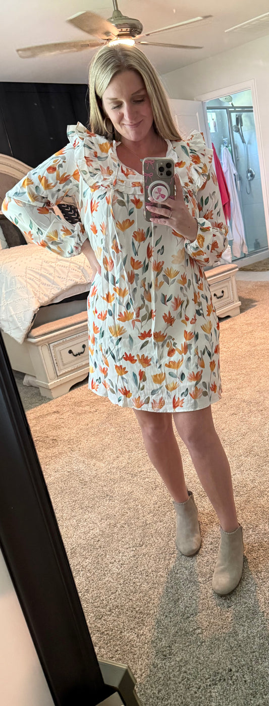 Yellow Floral Print Tie Neck Frill Long Sleeve Mini Dress