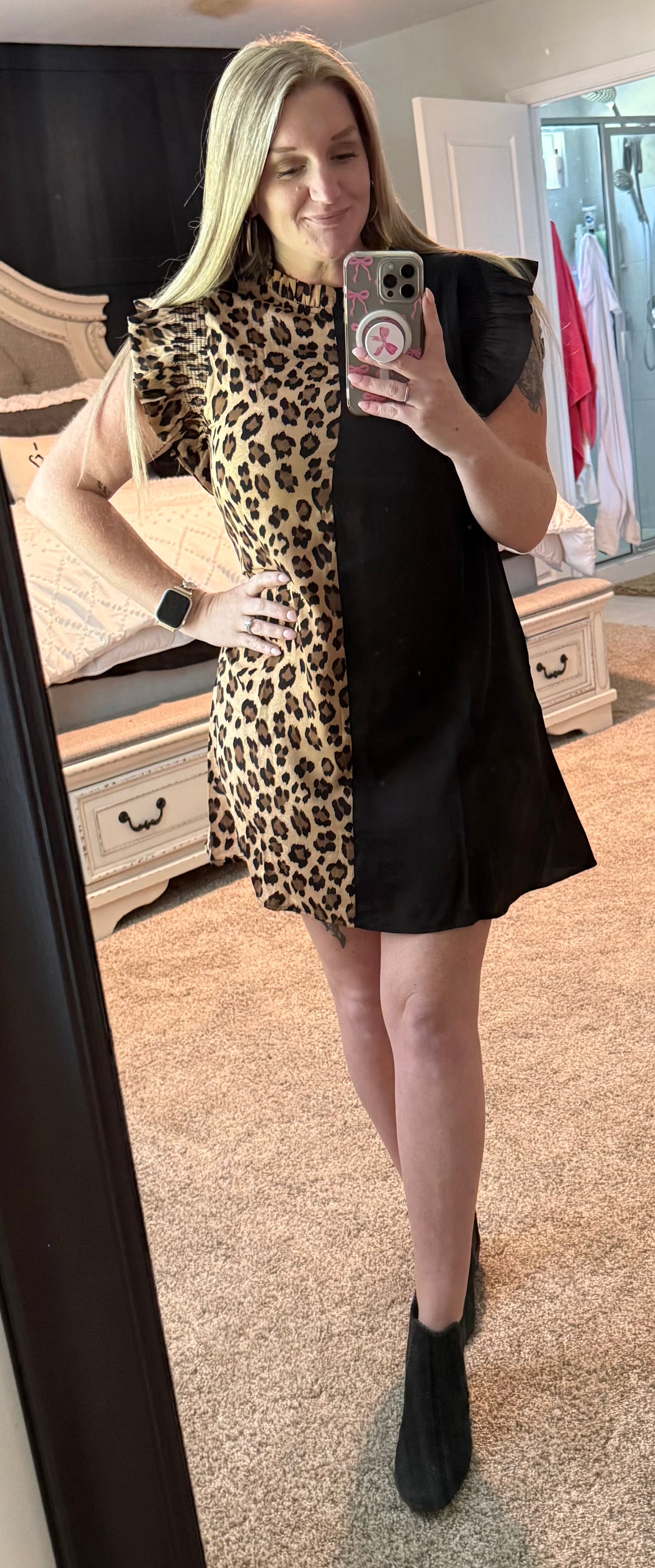 Black Cheetah Patchwork Ruffled Sleeve Short Shift Dress