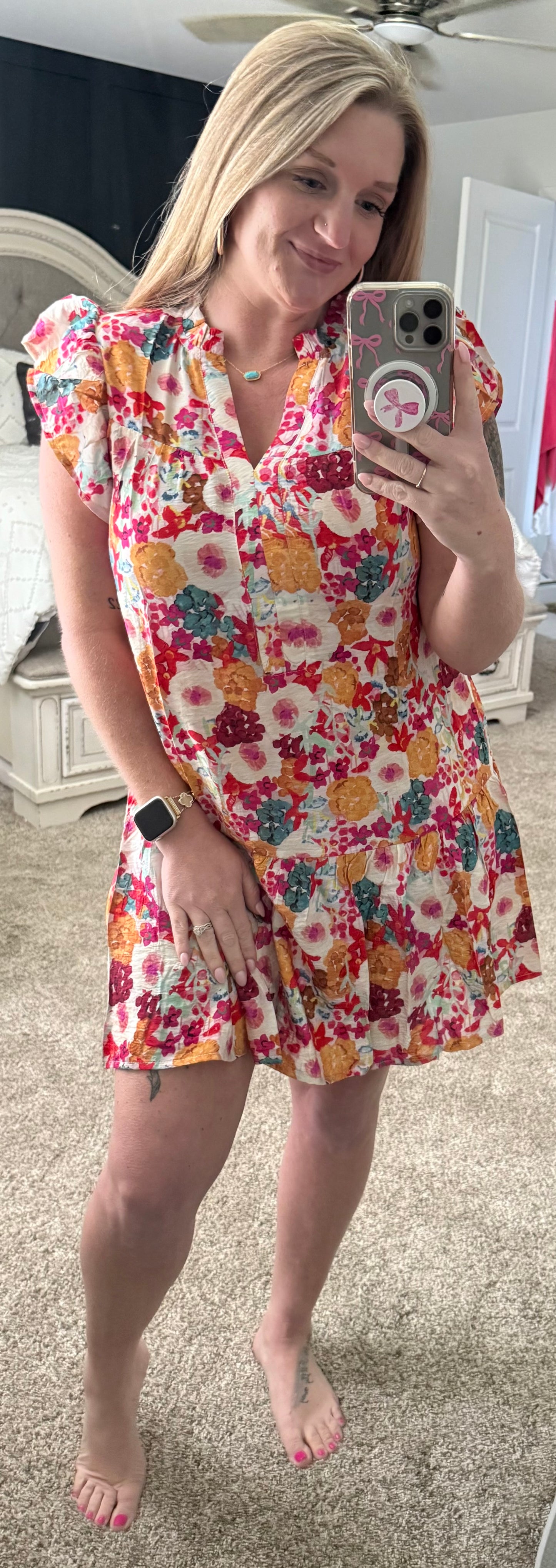 Purple Floral Print Split Neck Ruffle Mini Dress