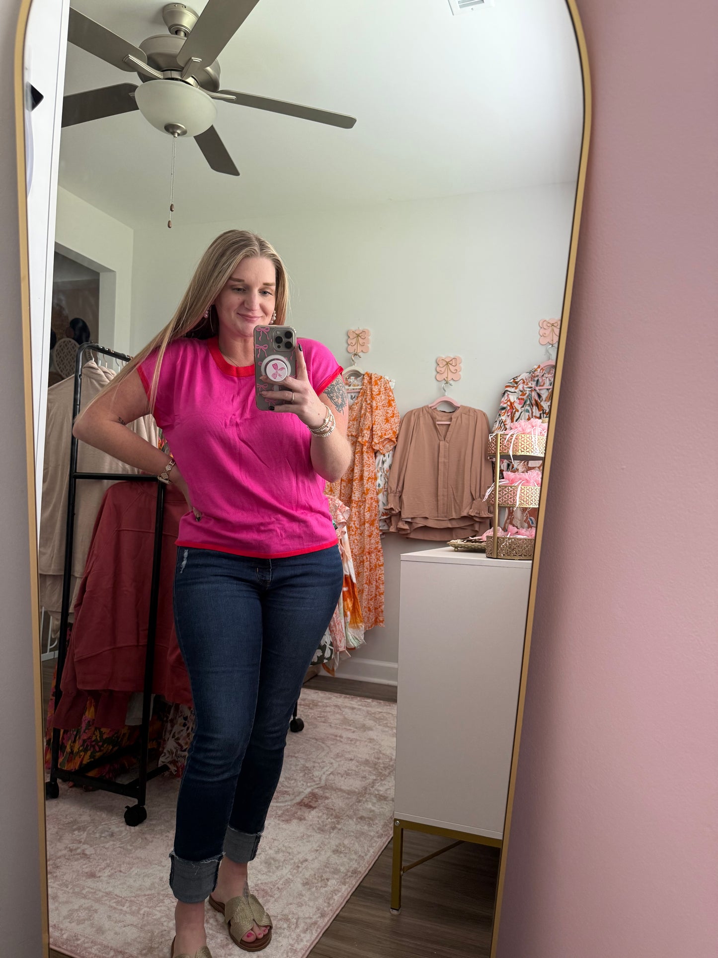 Pink and Red Knit Sweater Top