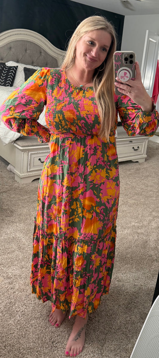 Floral Smocked Frill Tiered Dress
