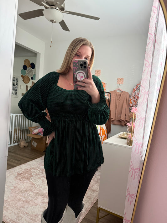 Green Smocked Long Sleeve Blouse
