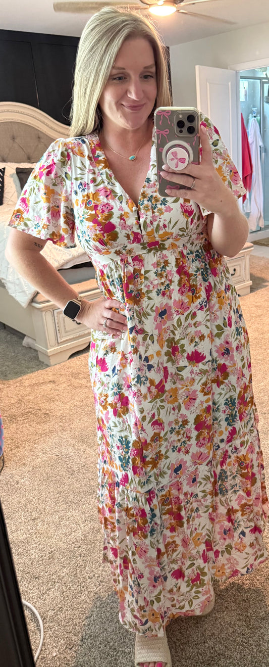 Fushia Floral Short Sleeve V Neck High Waist Maxi Dress