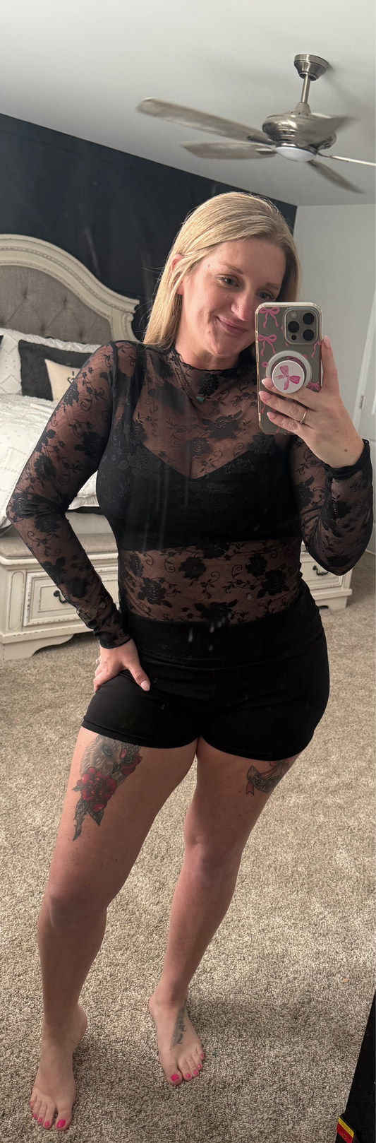 Black Mock Neck Floral Lace Mesh Long Sleeve Top