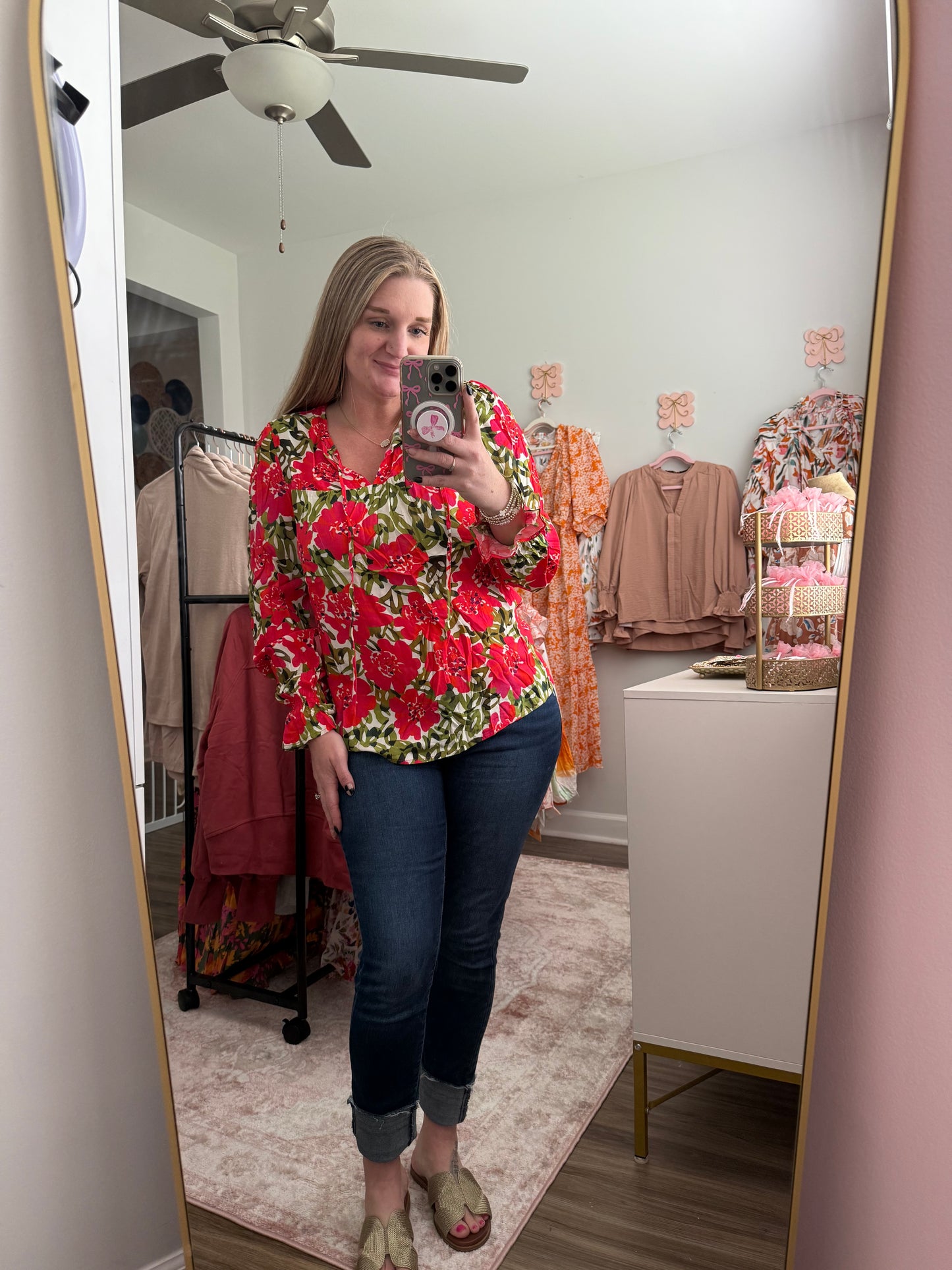 Red and Green Floral Blouse