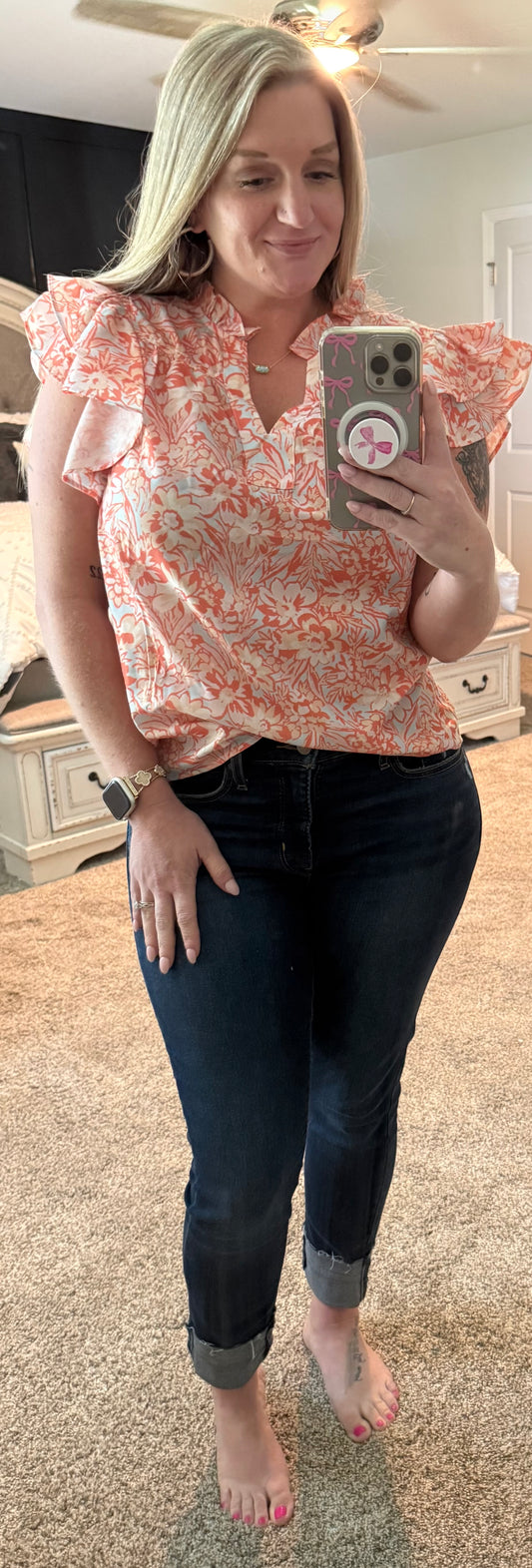 Orange and Light Blue Floral Ruffle Sleeve Split Neck Blouse
