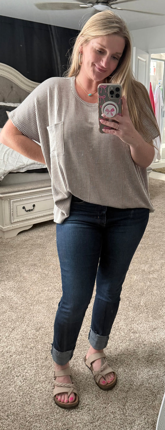 Mocha Corded Rib Oversized Short Sleeve Top