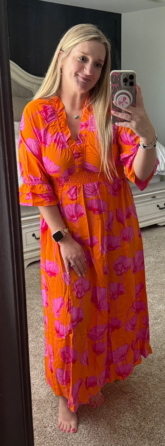 Floral Frilly Smocked 3/4 Sleeve Maxi Dress
