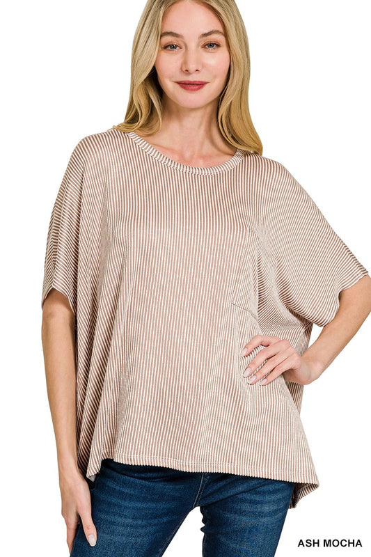 Ash Mocha Corded Rib Oversized Short Sleeve Top