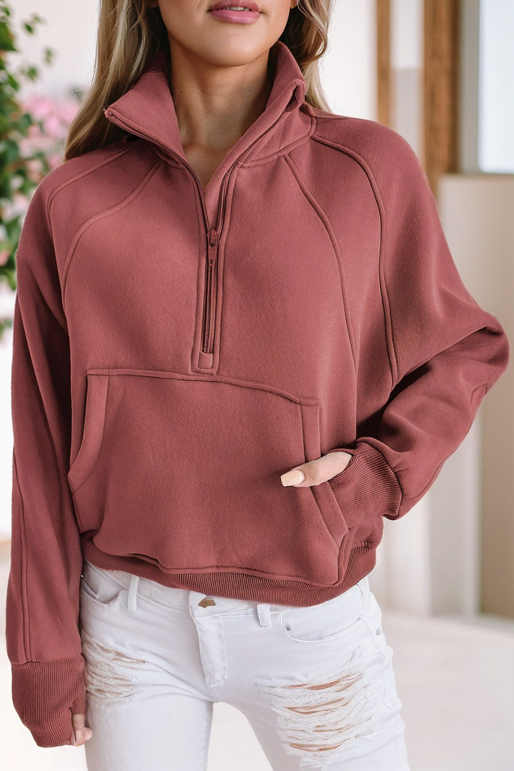 Collar Ribbed Thumbhole Sleeve Pullover