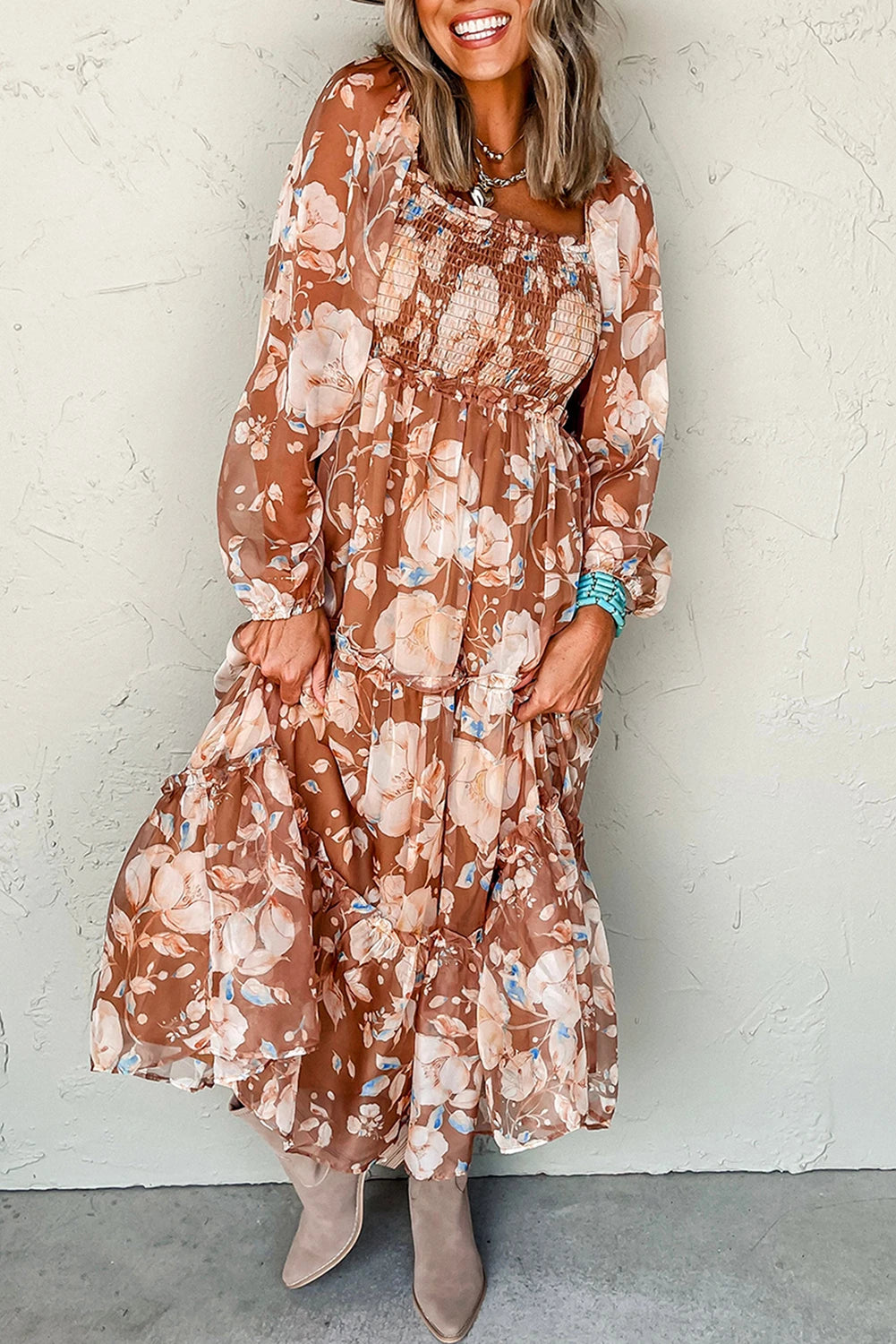 Brown Floral Shirred Square Neck High Waist Maxi Dress