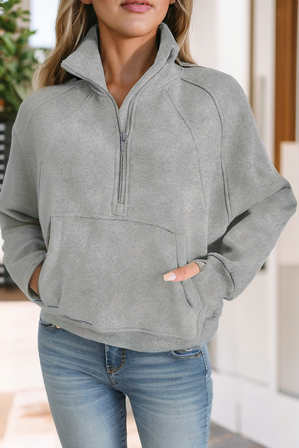 Grey Collar Ribbed Thumbhole Sleeve Pullover