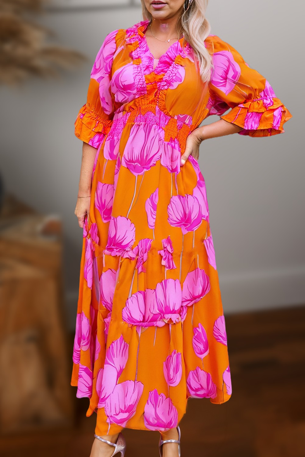 Floral Frilly Smocked 3/4 Sleeve Maxi Dress