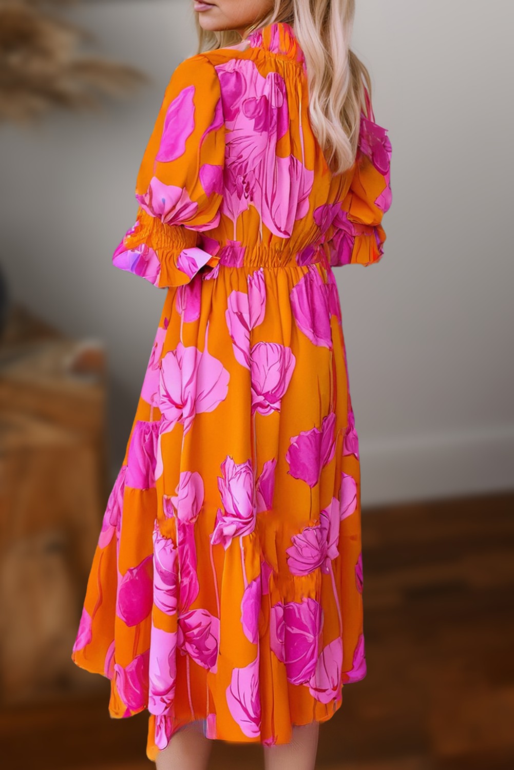 Floral Frilly Smocked 3/4 Sleeve Maxi Dress