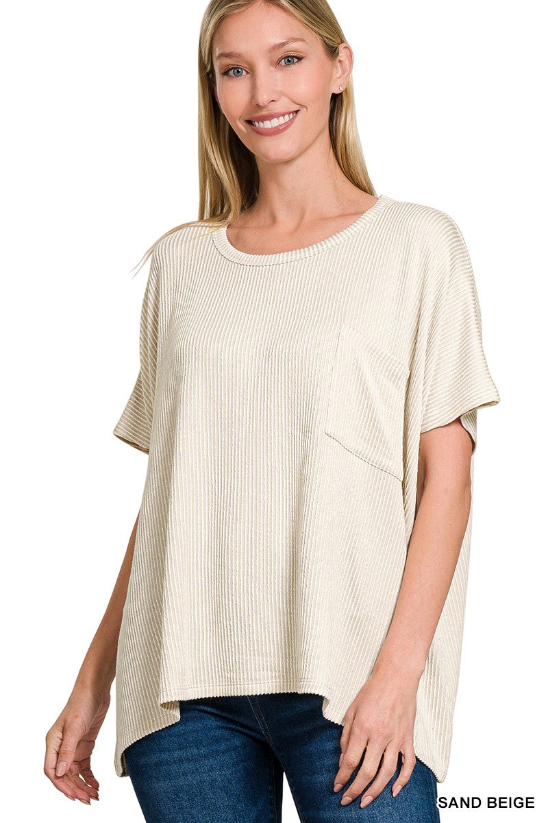 Sand Beige Corded Rib Oversized Short Sleeve Top