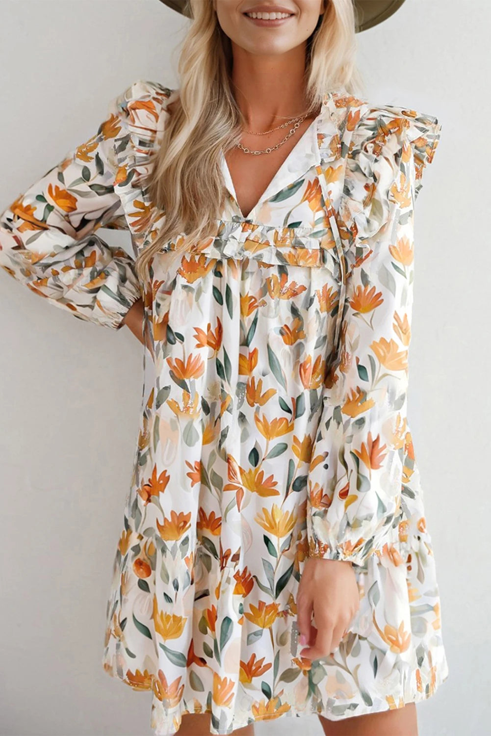 Yellow Floral Print Tie Neck Frill Long Sleeve Mini Dress